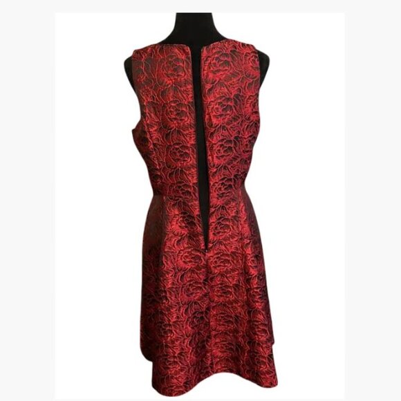 White House Black Market Red and Black Rose Motif Jacquard A-Line Dress 8 EUC - Picture 4 of 12